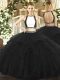 Sleeveless Tulle Floor Length Backless Quinceanera Gown in Black with Ruffled Layers