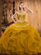 Attractive Gold Ball Gowns Sweetheart Sleeveless Organza Floor Length Lace Up Embroidery and Ruffles Quinceanera Dress