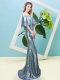 Best Floor Length Light Blue Prom Gown Sequined Half Sleeves Sequins