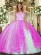 High End Floor Length Fuchsia Quinceanera Gowns Scoop Sleeveless Clasp Handle