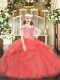 Floor Length Lace Up Pageant Dress Toddler Coral Red for Party and Quinceanera with Beading and Ruffles