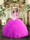 Fuchsia Tulle Lace Up Pageant Gowns For Girls Sleeveless Floor Length Beading and Ruffles