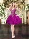 Fitting Fuchsia Ball Gowns V-neck Sleeveless Tulle Mini Length Lace Up Beading and Ruffles Homecoming Dress