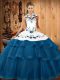 Suitable Blue Quinceanera Gowns Military Ball and Sweet 16 and Quinceanera with Embroidery and Ruffled Layers Halter Top Sleeveless Sweep Train Lace Up
