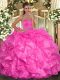 Vintage Hot Pink Ball Gowns Beading and Ruffles Quinceanera Gown Lace Up Organza Sleeveless Floor Length