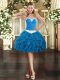 High End Blue Ball Gowns Appliques and Ruffles Prom Dress Lace Up Organza Sleeveless Mini Length