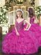 Custom Design Ball Gowns Pageant Dress for Teens Fuchsia V-neck Organza Sleeveless Floor Length Lace Up