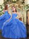 Fancy Ball Gowns High School Pageant Dress Blue Straps Organza Sleeveless Floor Length Lace Up