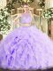 Admirable Lavender Two Pieces Scoop Sleeveless Organza Floor Length Zipper Beading and Ruffles Quinceanera Gown