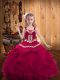 Floor Length Lace Up Little Girl Pageant Gowns Fuchsia for Party and Quinceanera and Wedding Party with Embroidery and Ruffles