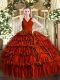 Extravagant Rust Red Ball Gowns V-neck Sleeveless Organza Floor Length Zipper Ruffled Layers Quince Ball Gowns