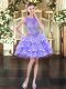 Edgy Sleeveless Mini Length Beading and Ruffled Layers Lace Up Dress for Prom with Lavender
