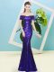 Purple Short Sleeves Floor Length Sequins Zipper Prom Evening Gown