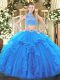 High End High-neck Sleeveless Backless Sweet 16 Dress Baby Blue Tulle
