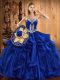 Royal Blue Sweetheart Neckline Embroidery and Ruffles 15th Birthday Dress Sleeveless Lace Up