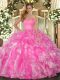Rose Pink Ball Gowns Beading and Ruffles Quinceanera Dress Lace Up Organza Sleeveless Floor Length