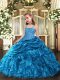 Blue Ball Gowns Beading and Ruffles Kids Pageant Dress Lace Up Organza Sleeveless Floor Length