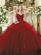 Deluxe Sleeveless Organza Floor Length Zipper 15th Birthday Dress in Wine Red with Beading and Ruffles