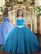 Adorable Blue Sleeveless Tulle Sweep Train Lace Up Kids Formal Wear for Party and Quinceanera
