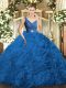 Discount V-neck Sleeveless Backless Quince Ball Gowns Blue Fabric With Rolling Flowers