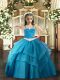 Eye-catching Floor Length Baby Blue Little Girls Pageant Dress Wholesale Tulle Sleeveless Appliques and Ruffled Layers