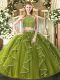 Comfortable Floor Length Olive Green 15th Birthday Dress Tulle Sleeveless Beading and Ruffles