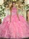 Excellent Sleeveless Floor Length Beading and Ruffles Backless 15th Birthday Dress with Watermelon Red
