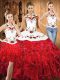 White And Red Quinceanera Dresses Military Ball and Sweet 16 and Quinceanera with Embroidery and Ruffles Halter Top Sleeveless Lace Up