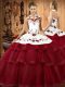 New Style Wine Red Quinceanera Dress Organza Sweep Train Sleeveless Embroidery and Ruffled Layers