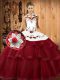 Comfortable Sweep Train Ball Gowns Quinceanera Gown Wine Red Halter Top Satin and Organza Sleeveless With Train Lace Up