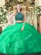 Inexpensive Turquoise Halter Top Zipper Beading and Ruffles Ball Gown Prom Dress Sleeveless