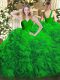 Unique Green Sleeveless Ruffles Floor Length Quince Ball Gowns