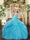 Discount Aqua Blue Tulle Lace Up Kids Formal Wear Sleeveless Floor Length Beading and Ruffles