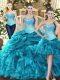 Sleeveless Floor Length Beading and Ruffles Lace Up 15 Quinceanera Dress with Aqua Blue