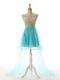 Custom Fit Sleeveless Tulle High Low Backless Evening Dress in Aqua Blue with Appliques