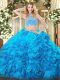 Aqua Blue Two Pieces Beading and Ruffles Sweet 16 Quinceanera Dress Backless Tulle Sleeveless Floor Length
