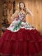 Lace Up Sweet 16 Dresses Wine Red for Military Ball and Sweet 16 and Quinceanera with Embroidery Sweep Train