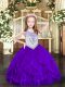 New Arrival Purple Tulle Zipper Scoop Sleeveless Floor Length Pageant Gowns For Girls Beading and Ruffles