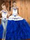Gorgeous Sleeveless Satin and Organza Floor Length Lace Up 15th Birthday Dress in Blue And White with Embroidery and Ruffles