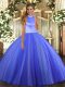 Smart Halter Top Sleeveless Quince Ball Gowns Floor Length Beading Blue Tulle