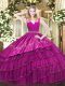 Glorious Fuchsia Ball Gowns V-neck Sleeveless Satin and Organza Floor Length Zipper Embroidery and Ruffled Layers Quince Ball Gowns