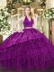 Sleeveless Floor Length Embroidery and Ruffled Layers Zipper Quinceanera Gowns with Fuchsia