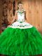 Green Sweet 16 Dresses Military Ball and Sweet 16 and Quinceanera with Embroidery and Ruffles Halter Top Sleeveless Lace Up