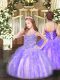 High Class Lavender Organza Lace Up Child Pageant Dress Sleeveless Floor Length Appliques and Ruffles