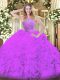 Eggplant Purple Ball Gowns Tulle Halter Top Sleeveless Beading and Ruffles Floor Length Zipper 15 Quinceanera Dress