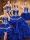 High Class Royal Blue Organza Lace Up 15 Quinceanera Dress Sleeveless Floor Length Embroidery and Ruffles