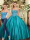 Teal Two Pieces Sweetheart Sleeveless Tulle Floor Length Lace Up Beading Ball Gown Prom Dress