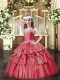 Sleeveless Floor Length Beading and Ruffled Layers Lace Up Pageant Gowns For Girls with Coral Red