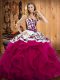 Flare Fuchsia Ball Gowns Sweetheart Sleeveless Satin and Organza Floor Length Lace Up Embroidery Vestidos de Quinceanera