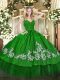 Deluxe Floor Length Backless Ball Gown Prom Dress Green for Military Ball and Sweet 16 and Quinceanera with Beading and Lace and Appliques